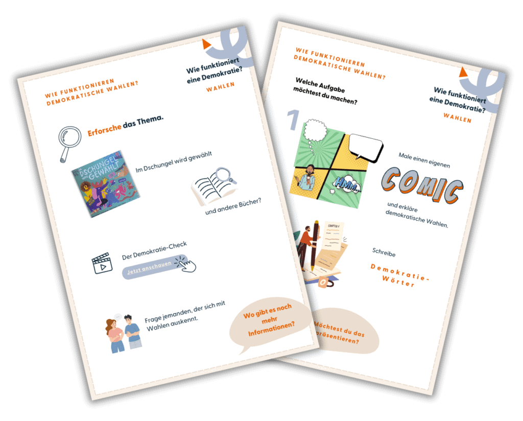 Das Bild zeigt die Forschermappe des Demokratie-Projektes in der Grundschule zur Frage "Wie funktionieren demokratische Wahlen?" für die Klassen 1 und 2.