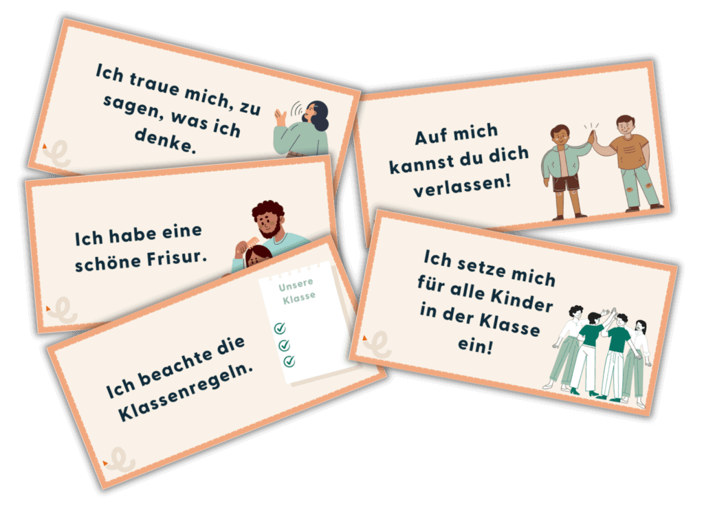 Das Bild zeigt Bildkarten des Demokratie-Projektes für die Grundschule zu der Frage "Was sind gute Klassensprecher?" und gibt einige mögliche Antworten vor.