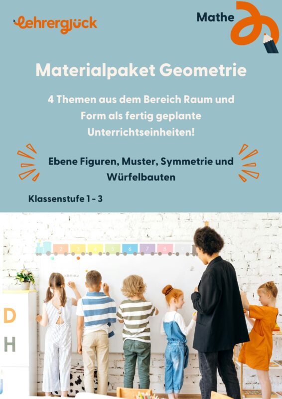 Materialpaket Geometrie für die Klassen 1 bis 3 in der Grundschule. 4 Themen aus dem Bereich Raum und Form als fertig geplante Unterrichtseinheit. Ebene Figuren, Muster, Symmetrie und Würfelbauten.