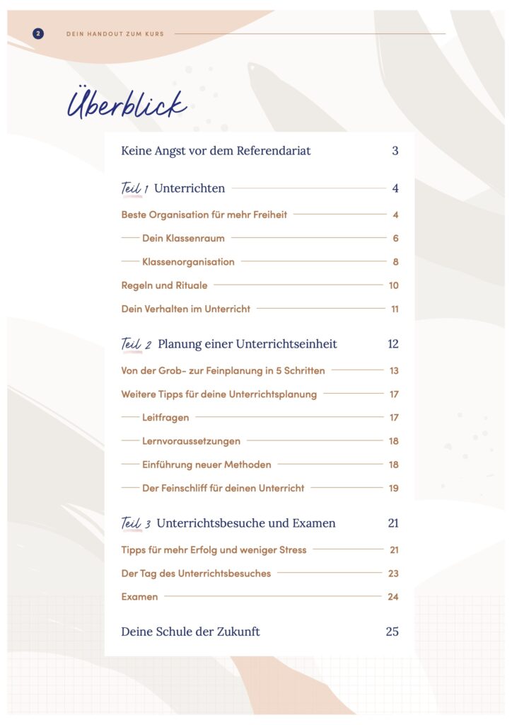 Inhaltsübersicht E-Book zum kostenlosen Videokurs Aller Anfang ist Leicht für Referendare & Berufseinsteiger