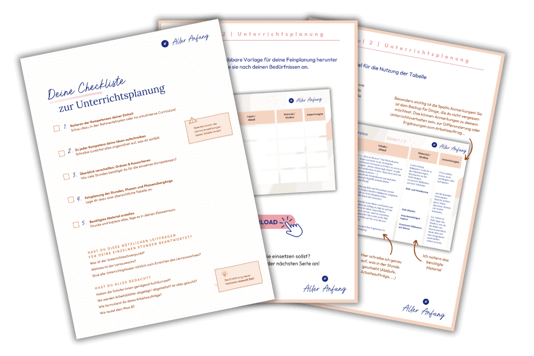 Kostenlose Checkliste Unterrichtsplanung inklusive Vorlage für die Feinplanung für Referendare, Berufseinsteiger, Quereinsteiger.