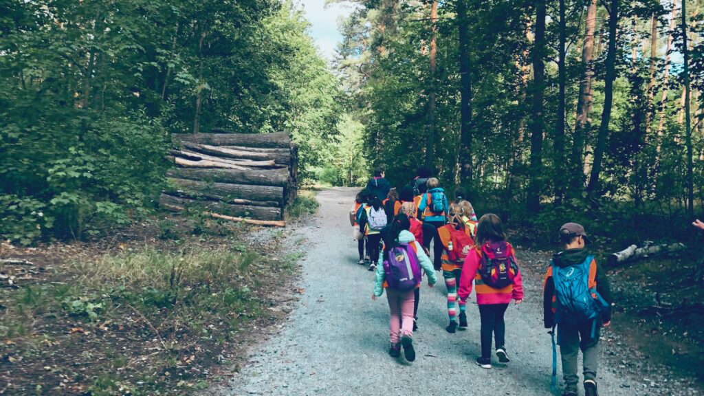 Kinder aus der Grundschule beim Waldspaziergang im Herbst