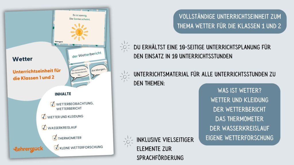 Wetter Grundschule: Unterrichtseinheit für die Klassen 1 & 2. Inhalte: Wetterbeobachtung Wetterbericht Wetter und Kleidung Wasserkreislauf Thermometer Kleine Wetterforschung