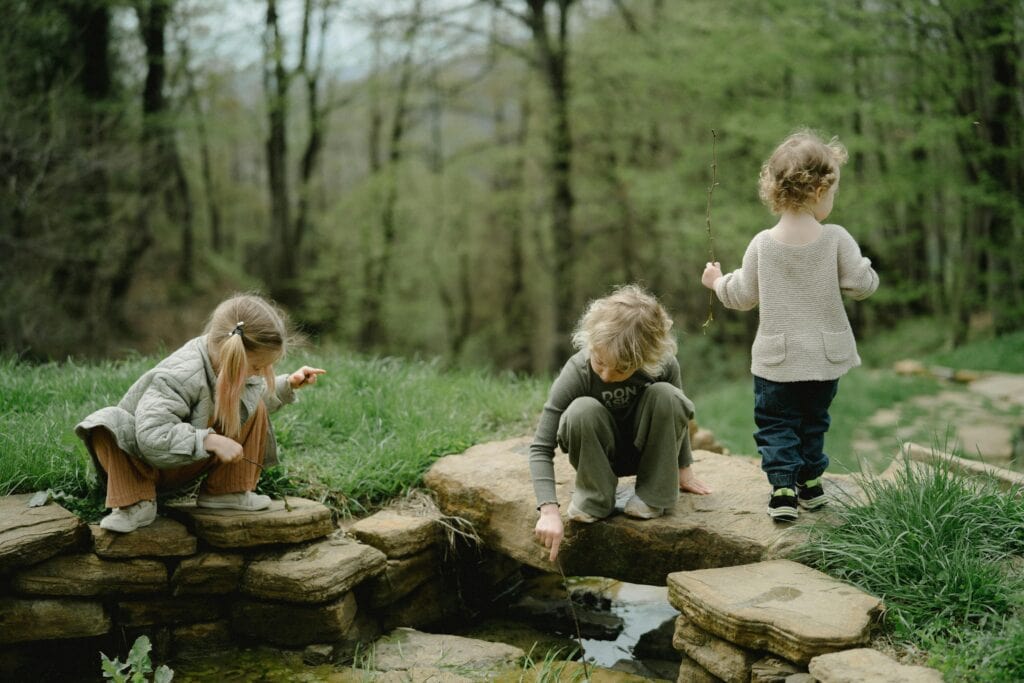 Warum unsere Schule keine Noten, Fächer oder Jahrgänge braucht (Newsletter 5/2025) 4 Kinder aus der Schola Vera, die die Natur im Wald an einem Fluss entdecken.